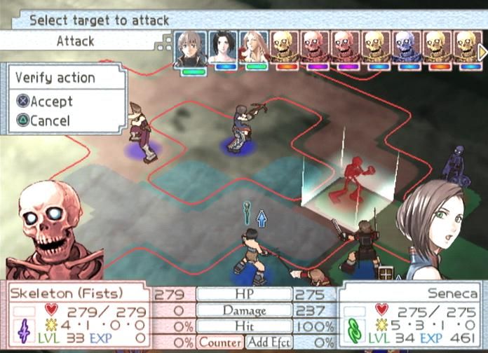Suikoden Tactics (PlayStation 2) screenshot: Seneca is about to shoot a skeleton from behind