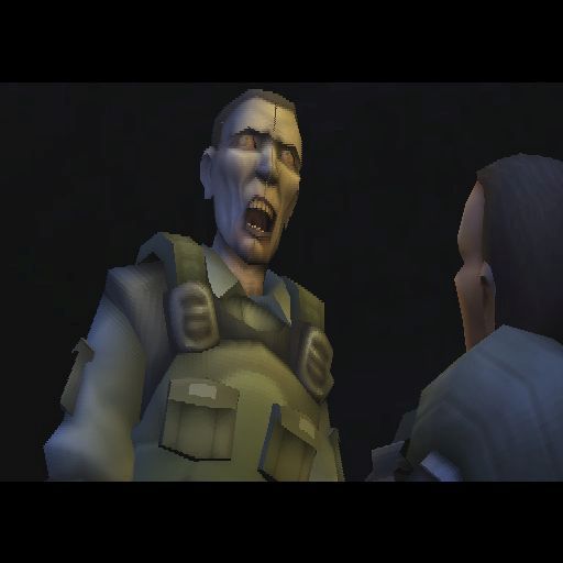 TimeSplitters 2 (PlayStation 2) screenshot: The start of mission one in Story Mode<br>The mission starts with an animated introduction in which two hapless soldiers encounter a zombie in the tunnels