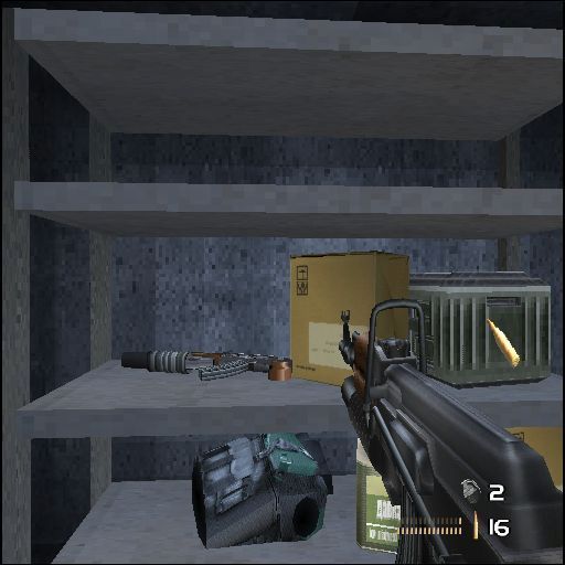 TimeSplitters 2 (PlayStation 2) screenshot: There are items on shelves to be collected<br>Here there are bullets, a gun, and armour