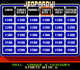 Jeopardy! (NES) screenshot: Category board