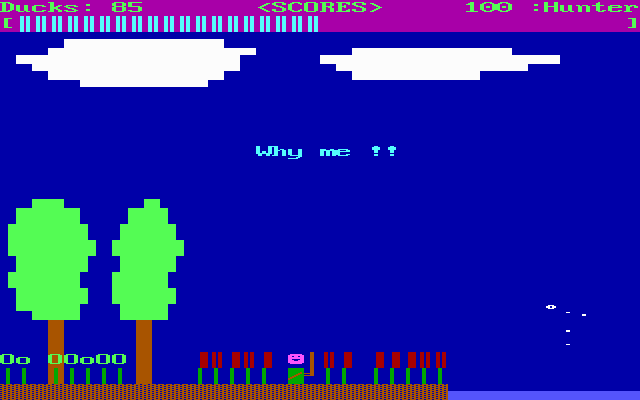 Duck Hunt (DOS) screenshot: Shooting an eastbound bird yields a delightful little splash landing.