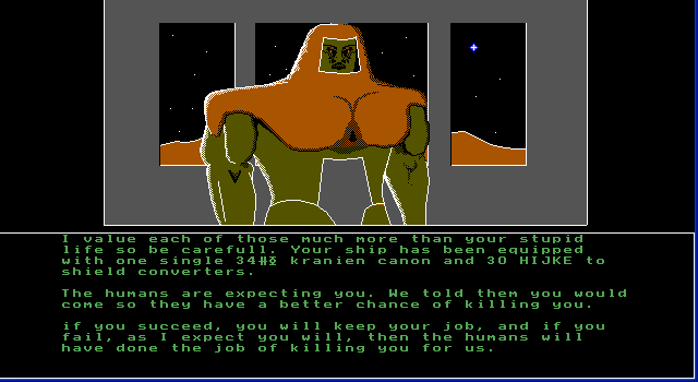 Earth Invasion (DOS) screenshot: He knows how to motivate you...