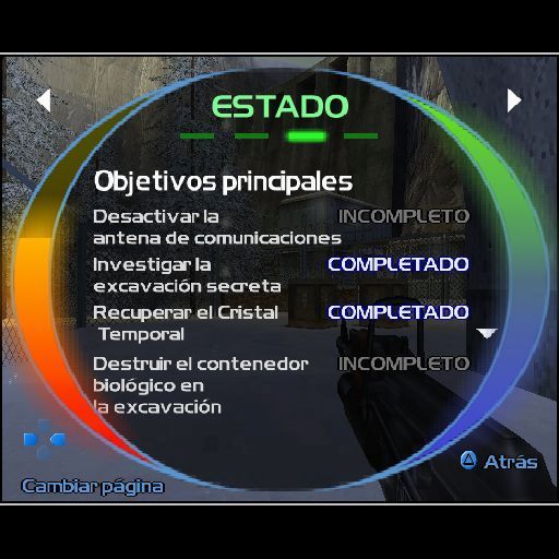 TimeSplitters 2 (PlayStation 2) screenshot: The in-game status screen, in Spanish