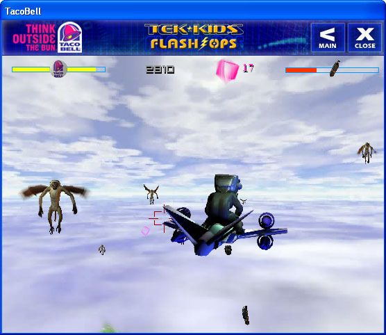 Tek-Kids Flash-Ops: Mission: Sky Fortress (Windows) screenshot: Gameplay, with a close up of a flying monkey