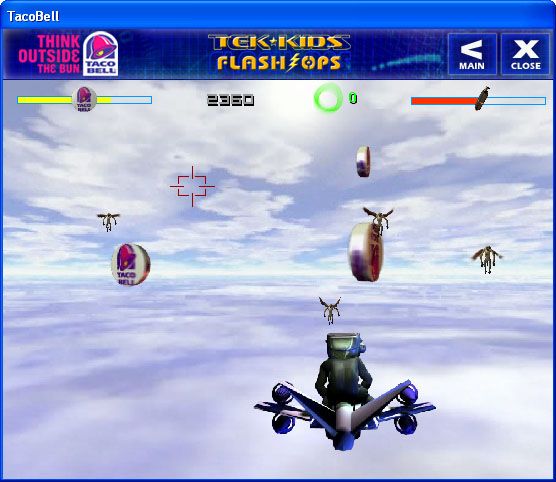 Tek-Kids Flash-Ops: Mission: Sky Fortress (Windows) screenshot: Gameplay, with Taco Bell powerups in view