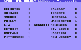 Superstar Ice Hockey (Commodore 64) screenshot: The SportTime Hockey League game results so far.