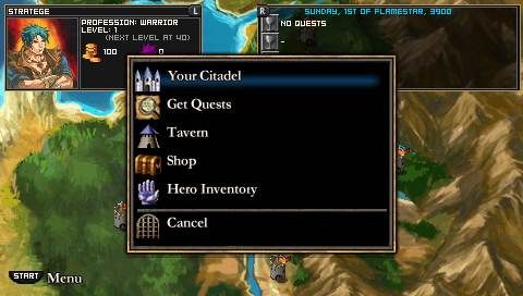 Puzzle Quest: Challenge of the Warlords (PSP) screenshot: Town menu - here you can get quests and visit taverns and shops. If the player controls the town, he can to go the Citadel to upgrade his hero.