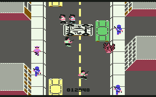 Los Angeles SWAT (Commodore 64) screenshot: "Are any of you punks responsible for tippng that car upside down?"