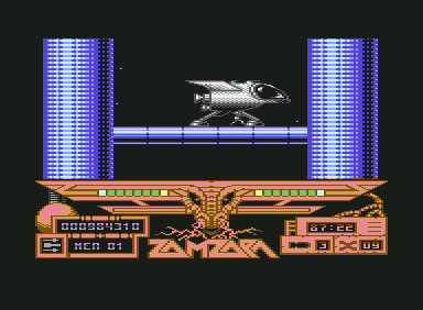 Zamzara (Commodore 64) screenshot: Escaping in your spaceship.