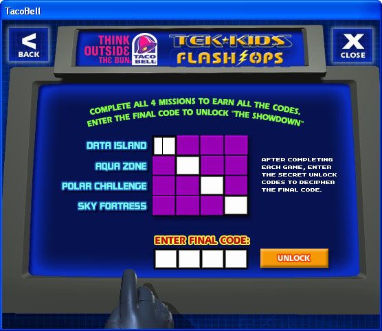 Tek-Kids Flash-Ops: Mission: Sky Fortress (Windows) screenshot: Secret code entry for unlocking the bonus after all 4 missions are finished