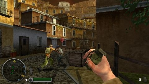 Medal of Honor: Heroes (PSP) screenshot: Throwing a grenade while a friendly character is in melee combat with a German soldier.