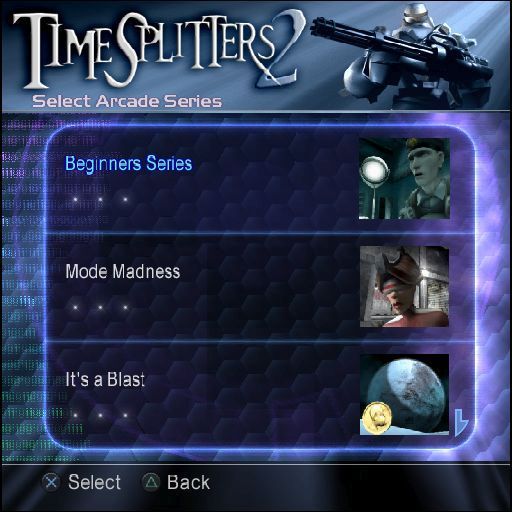 TimeSplitters 2 (PlayStation 2) screenshot: Arcade Mode<br>There are three modes of play Arcade League, Arcade Custom and Network<br>Arcade League has three leagues Amateur, Honorary and Elite<br>These are the amateur games series