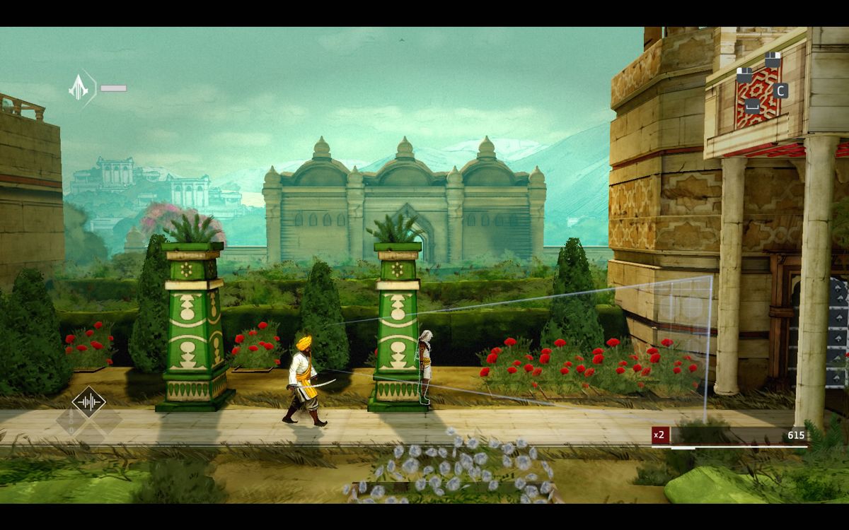 Assassin's Creed Chronicles: India (Windows) screenshot: You can quickly shift between the sides of the column to stay out of sight.