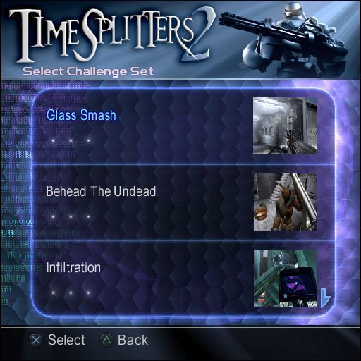 TimeSplitters 2 (PlayStation 2) screenshot: Playing in Challenge mode, these are the available games<br>Each option here represents a game series