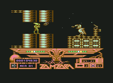 Zamzara (Commodore 64) screenshot: Entering a level full of Birds and turrets