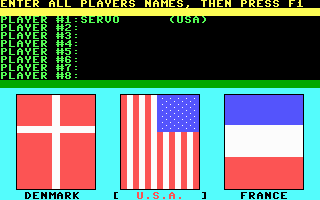 The Games: Winter Edition (DOS) screenshot: Setting up players. (EGA/MCGA/Tandy)