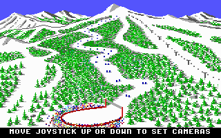 The Games: Winter Edition (DOS) screenshot: Set up some cameras for downhill skiing. (EGA/MCGA/Tandy)