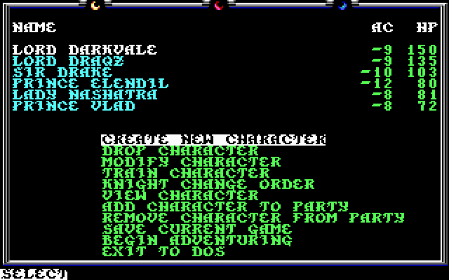 Death Knights of Krynn (DOS) screenshot: The Trainning Hall. Basically its the same with the main menu, only with additional training options