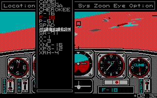 Chuck Yeager's Advanced Flight Simulator (DOS) screenshot: Here are all aircraft you can fly in Chuck Yeager's AFT. (CGA)