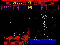 Myth: History in the Making (ZX Spectrum) screenshot: Located on the Viking boat during a storm.