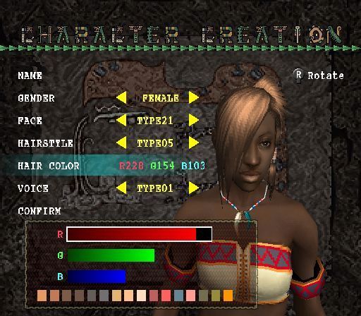 Monster Hunter (PlayStation 2) screenshot: Before the game can begin a character must be created and named. There are twenty-one faces, five hairstyles, seven voices to choose from <br>Trial version