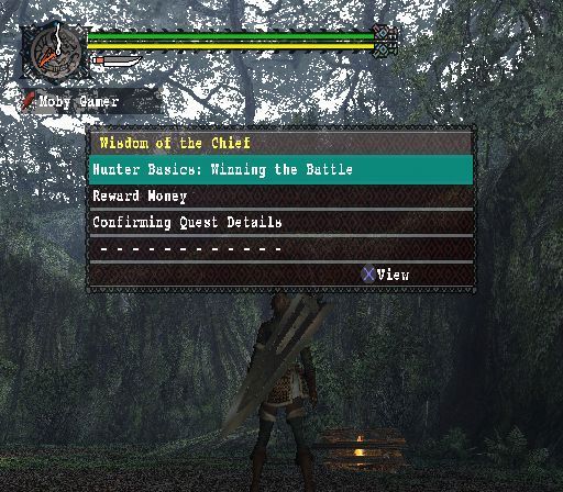 Monster Hunter (PlayStation 2) screenshot: An in-game information screen<br>There's notr much new here at this point. The Chief's wisdom basically says 'master swordplay and don't lose'<br>Trial version