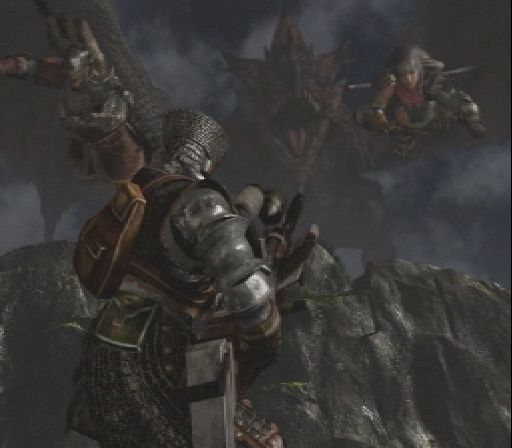 Monster Hunter (PlayStation 2) screenshot: The cinematic introduction ends with two youngsters leading a dragon like thing towards a master hunter<br>Trial version