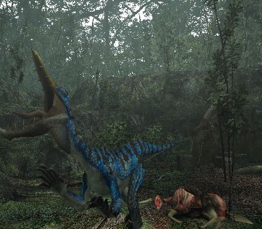 Monster Hunter (PlayStation 2) screenshot: This i s the thing we're hunting in the first quest, or rather one of the three. As we get close there's a cut scene indicating they've heard us<br>Trial version