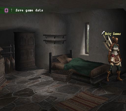 Monster Hunter (PlayStation 2) screenshot: The game starts with us in bed. As soon as we are standing the impossibly large sword appears on our back