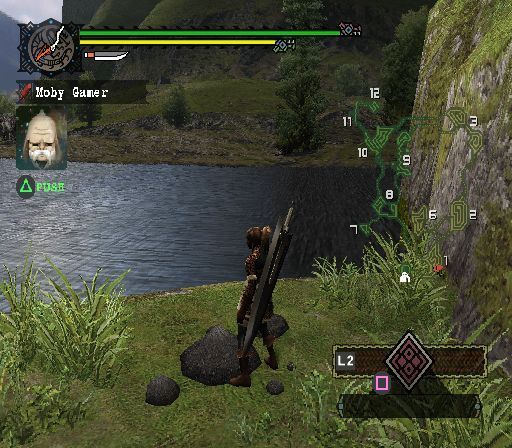 Monster Hunter (PlayStation 2) screenshot: On the first quest looking for velociprey, fast blue things with teeth and claws. The flowing water effect here is very good