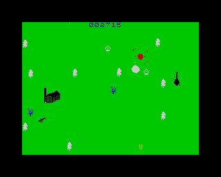 Black Hawk (ZX Spectrum) screenshot: The Yellow object at the bottom is the players camouflaged plane. Engaging targets. The red target is the player's target.