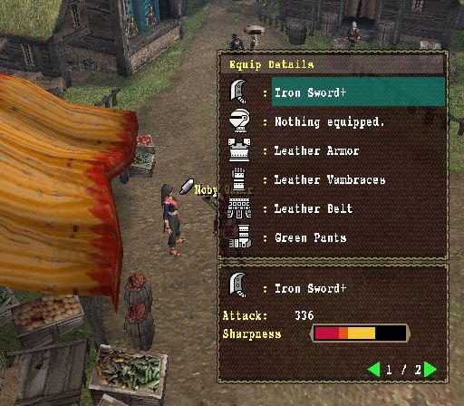 Monster Hunter (PlayStation 2) screenshot: Another in game menu gives us access to the equipment we have, status information, items we carry, and monster information
