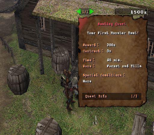 Monster Hunter (PlayStation 2) screenshot: This little chap is the village chief and head hunter. He's the guy who hands out quests.<br>Quests have varying degrees of difficulty, this is one of the easiest<br>Trial version