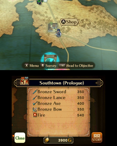 Fire Emblem: Awakening (Nintendo 3DS) screenshot: The world map, with a shop's stock displayed on the bottom screen.