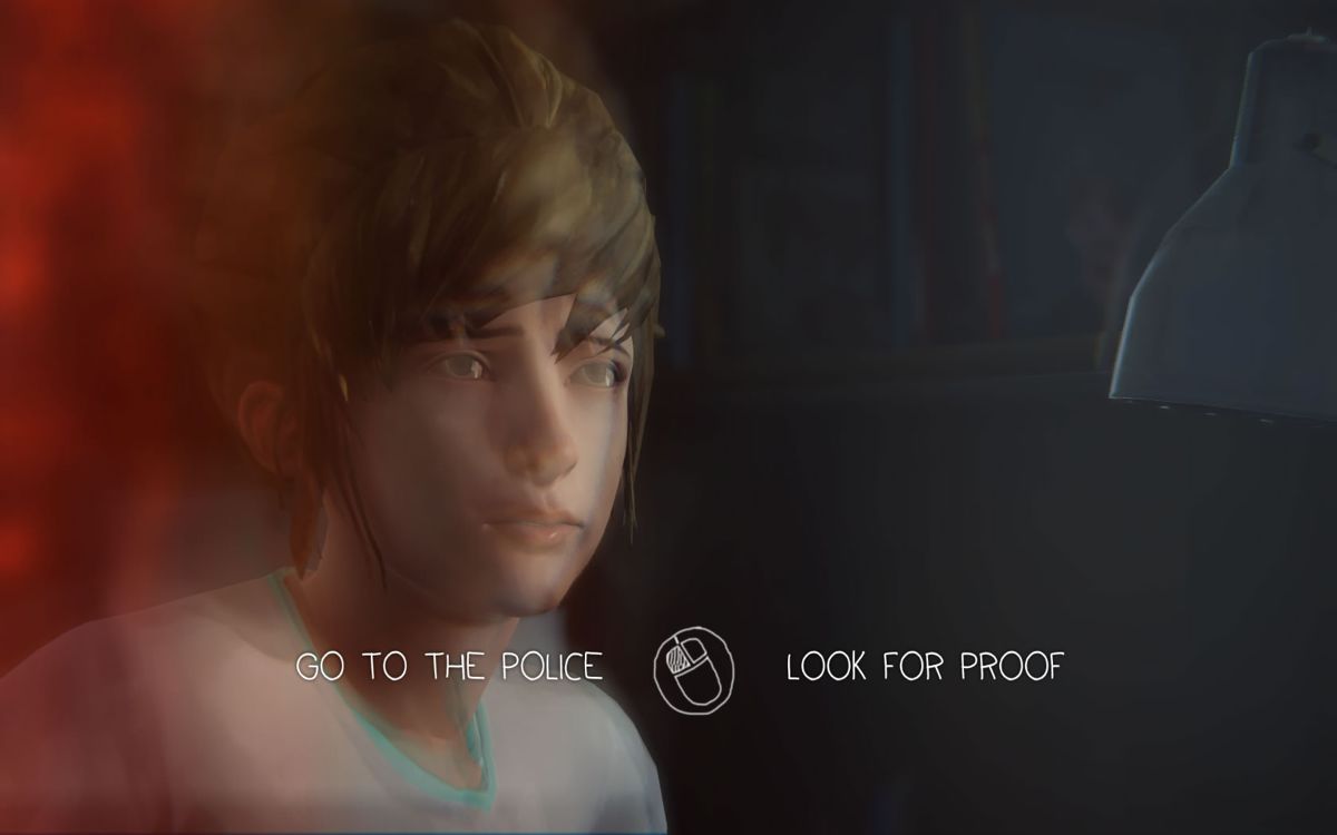 Life Is Strange: Season Pass - Episodes 2-5 (Windows) screenshot: <i>Episode 2</i>: another important decision to make. You can rewind, but the full extent of your actions are only known later on when there is no way back.