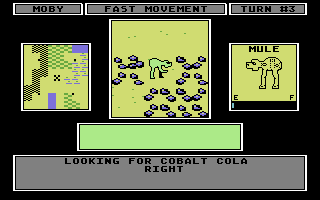 Robot Rascals (Commodore 64) screenshot: Player 1 scans for "cobalt cola"