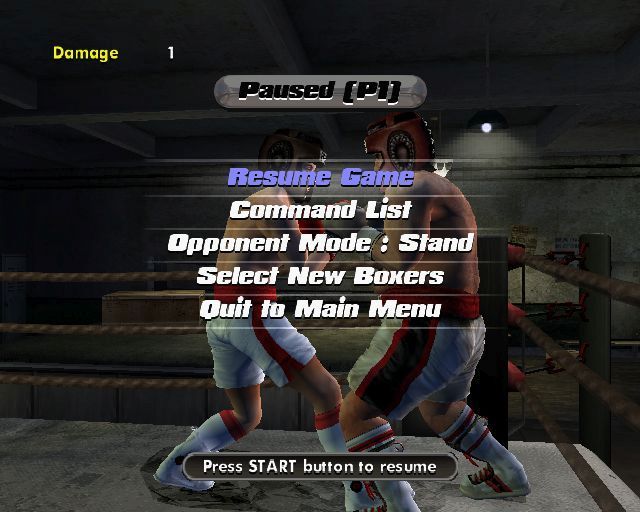 Rocky: Legends (PlayStation 2) screenshot: The in-fight pause menu shown here in a Practice Match<br>here the boxer can be changed and they can be made to stand and be hit, defend, or attack
