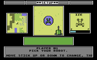Robot Rascals (Commodore 64) screenshot: Player 1 chooses a robot