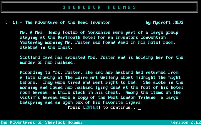 The Adventures of Sherlock Holmes (DOS) screenshot: Introducing a case