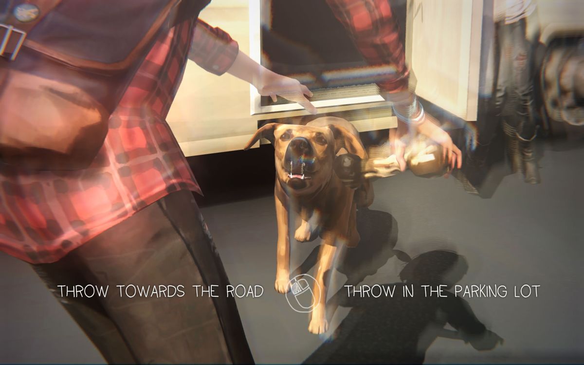 Life Is Strange: Season Pass - Episodes 2-5 (Windows) screenshot: <i>Episode 3</i>: do you want to distract Frank's dog or hurt him?
