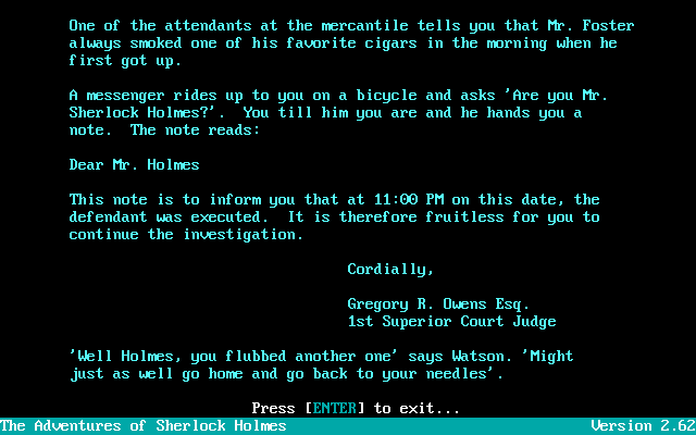 The Adventures of Sherlock Holmes (DOS) screenshot: Waited too long! Game over!