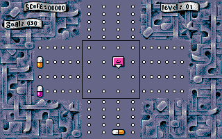 Pooz (Atari ST) screenshot: Continual mode: pills popping up and stack raise towards the centre if not removed in time