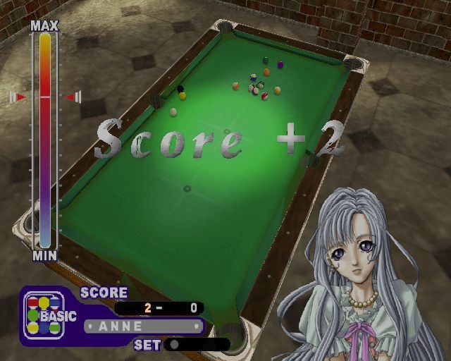 Real Pool (PlayStation 2) screenshot: Ann started the second round of the tournament by potting two balls at once. She then went on to win the match in her first visit to the table.