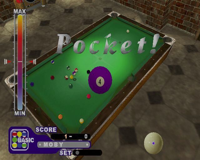 Real Pool (PlayStation 2) screenshot: When a ball is pocketed the game shows which ball it was and then shows another message as the points increase