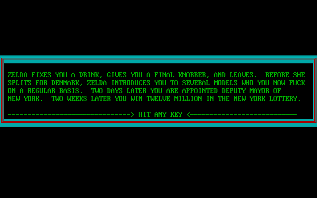 Softporn II (DOS) screenshot: You win! Of course, you're still sitting in your basement playing an erotic text game.