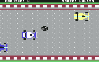 <small>The Machine (Commodore 64) screenshot:</small><br> This oil spot compel your car to slide...