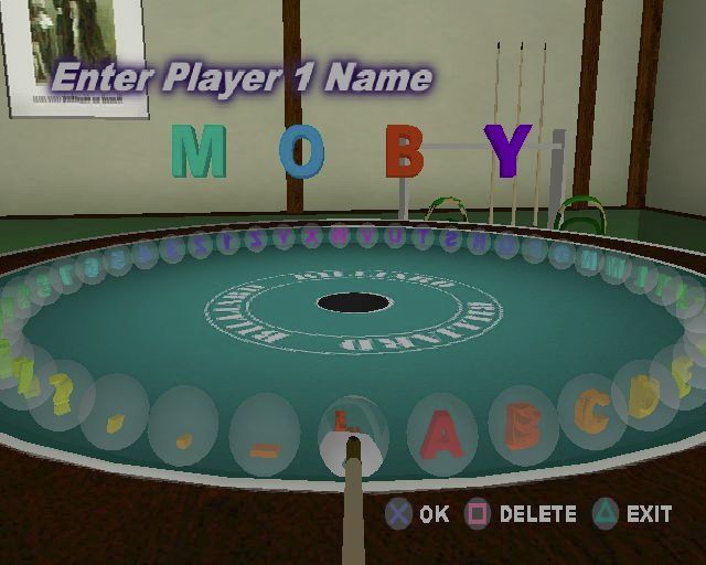Real Pool (PlayStation 2) screenshot: The way the player's name is entered is a bit different. They must pot the ball with the appropriate letter / number