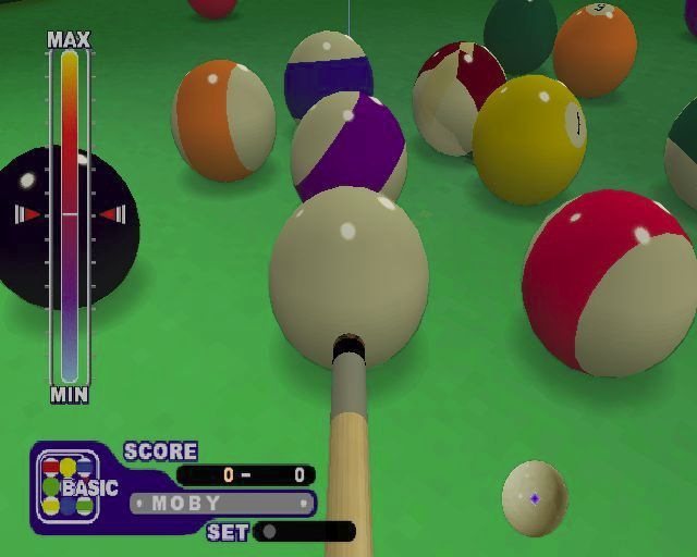 Real Pool (PlayStation 2) screenshot: The player can change alter the viewpoint by raising and lowering the camera angle and they can zoom in / out. However when a shot is being planned the game uses a standard viewpoint