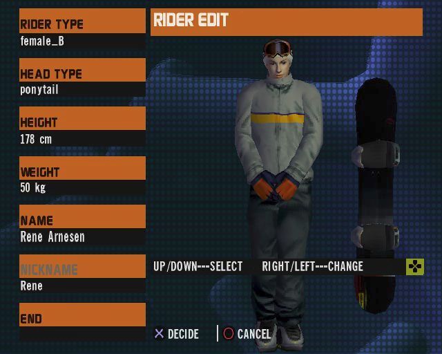 ESPN Winter X Games Snowboarding (PlayStation 2) screenshot: Creating a rider. There are four male and four female riders<br>The name and nickname can be changed<br>Clothing and equipment is bought in 'The Lounge'