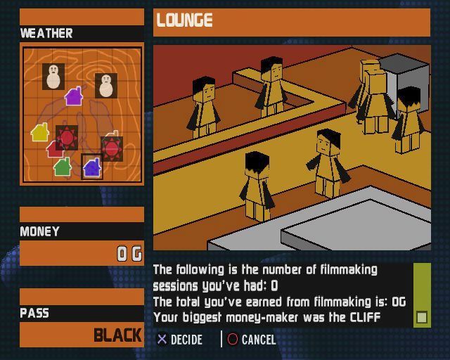 ESPN Winter X Games Snowboarding (PlayStation 2) screenshot: The lounge area<br>Each figure has a different function. One sells equipment, one assigns film work and competition entries, another has records of the players achievements etc